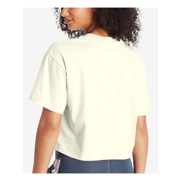 NWT CHAMPION Womens Ivory Logo Graphic Short Sleeve Crew Neck Crop Top L - Picture 2 of 3